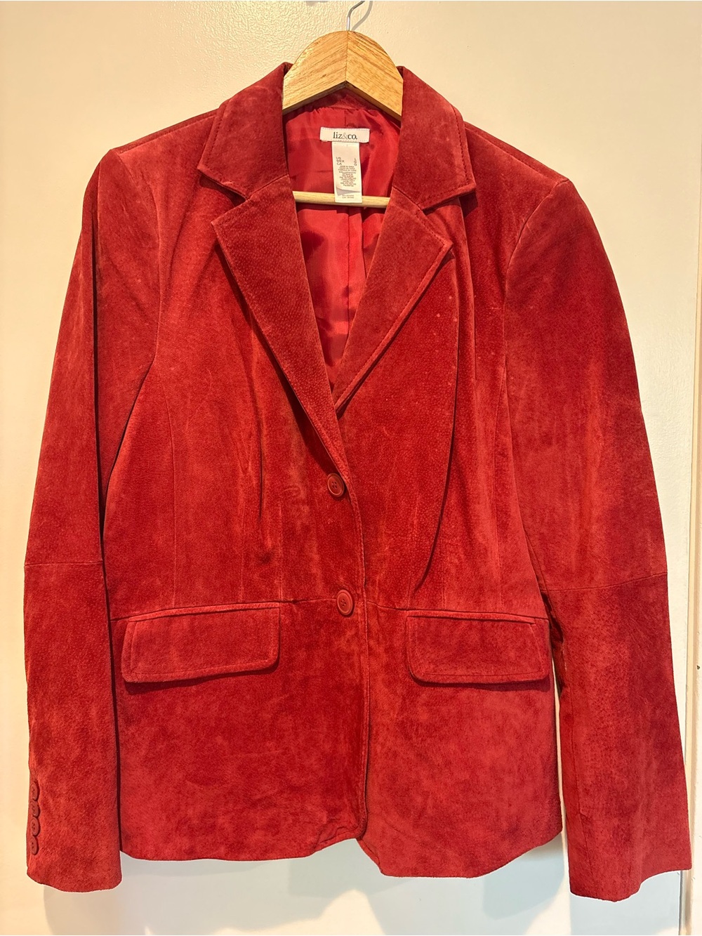 Vintage 90s Liz & co. Red Suede Blazer Jacket with Notch Lapel, Front Buttons